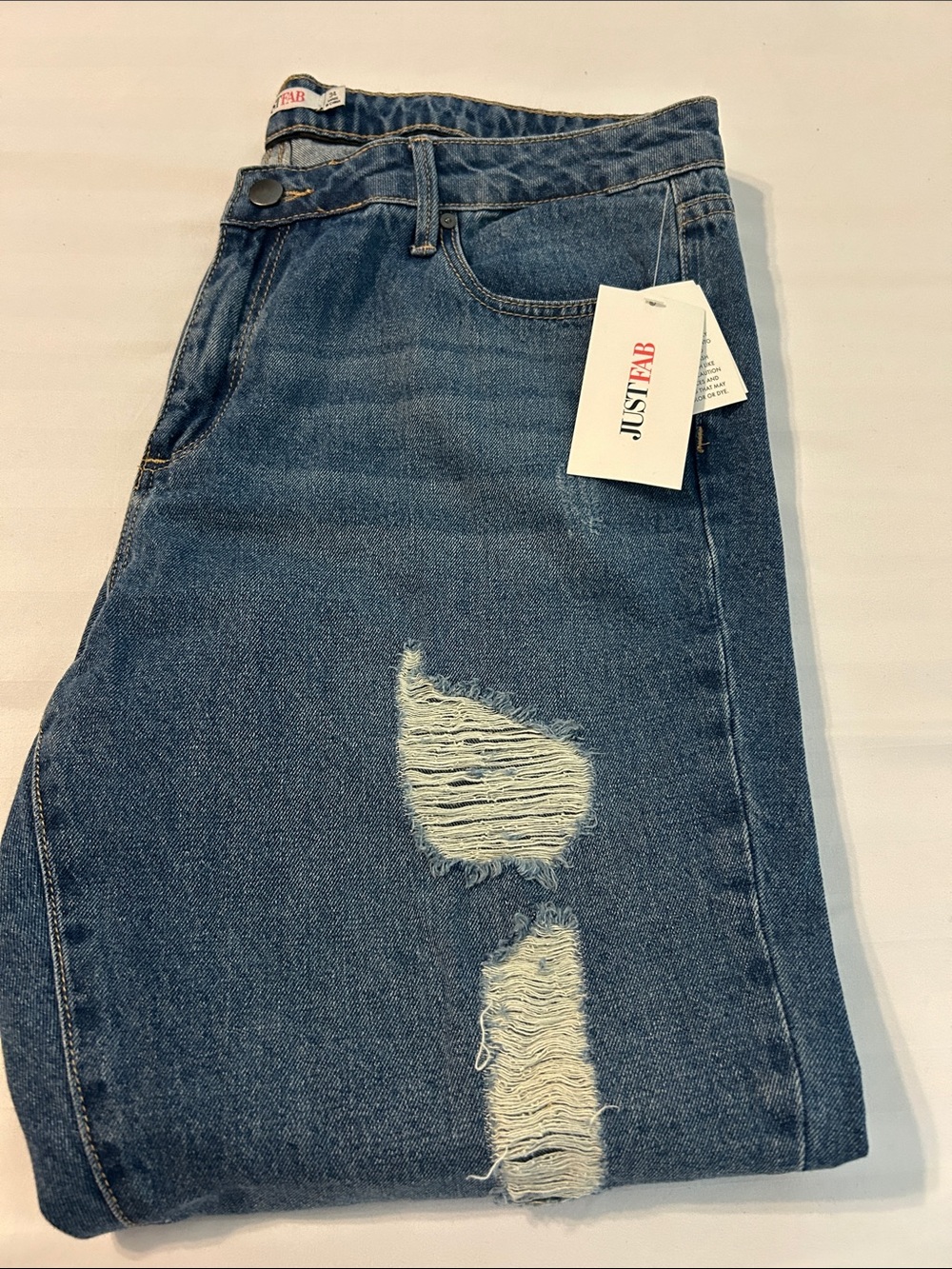 JustFab Distressed Cropped Jeans in Medium Blue